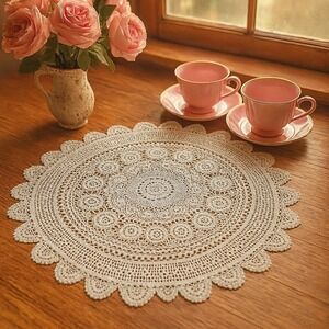 Handmade Graceful Heritage: 32-Inch White Vintage Round Doily‎ #L